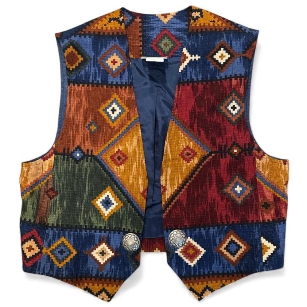Vintage 90s Coldwater Creek Tapestry Vest L Southwestern Aztec Concho USA Boho